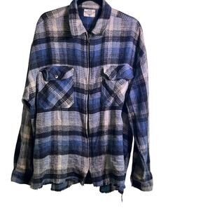 CZ Basics Plaid Flannel Zip Up Shirt Jacket Mens Size XL Distressed Frayed Hem